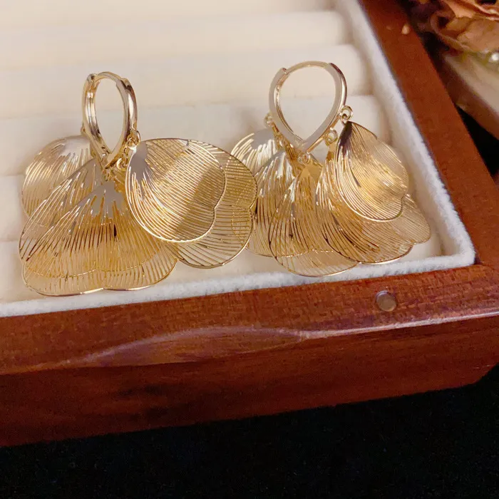 Authentic Exaggeration 925 Silver Needle 14k Gold Plated Ginkgo Leaf Tassel Pendant Earrings For Women Party Classic Fine Jewelry