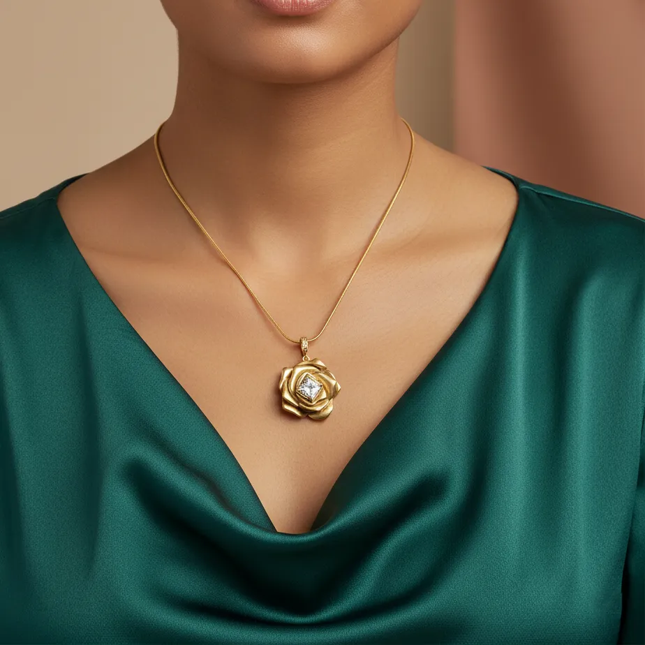 Authentic Elegant 18K Gold Plated Rose Flower Pendant Necklace for Women - Cubic Zirconia Crystal Charm Snake Chain Jewelry Gift for Her