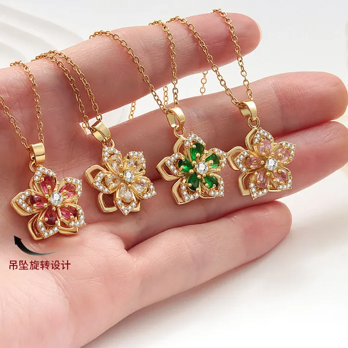 Authentic Romantic Design Gold Plated Stainless Steel Rotatable Flower Zirconia Pendant Necklace Charm for Women And Girls