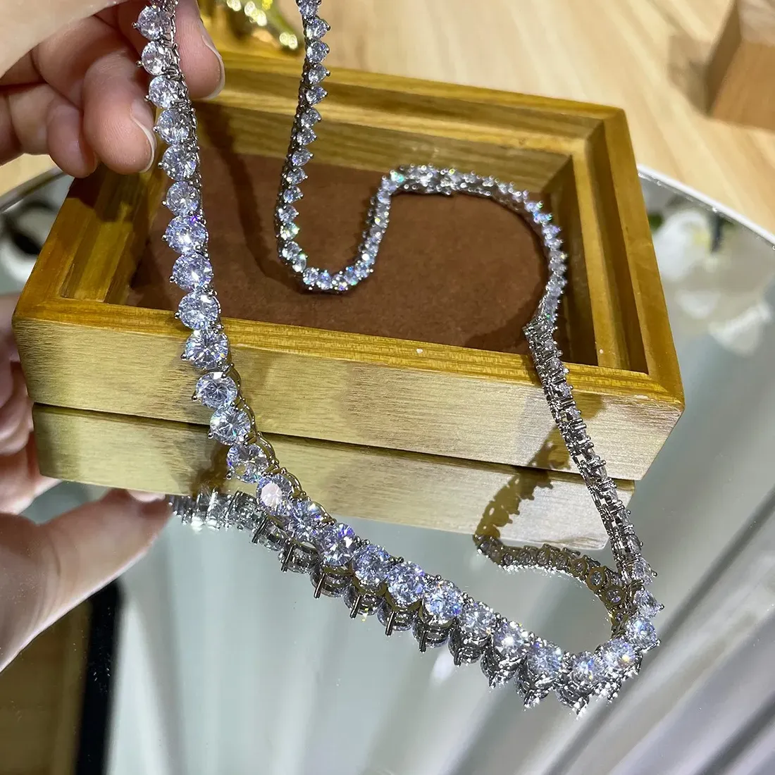 Authentic Designer 7Mm Iced Out Tennis Necklace Simulated Diamond 14K White Gold Filled Jewelry Bride Choker