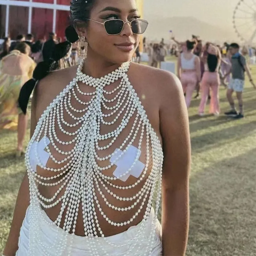 Authentic Body Jewelry Simulated Pearl Sexy Shawl Necklace Chest Chain Bra Chain Tassels Bikini Chest Chain Wrapping Chain