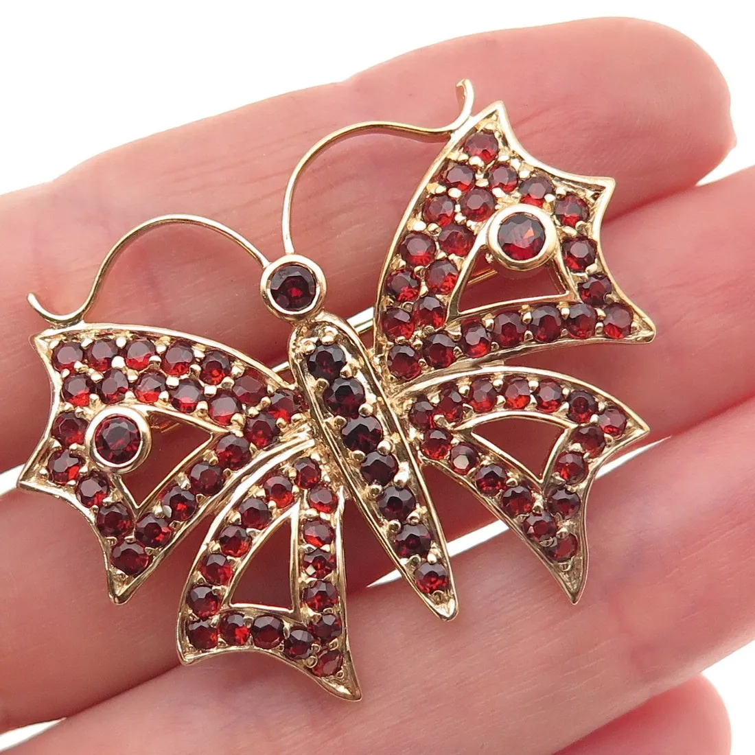 Authentic 925 Sterling Silver Gold Plated Vintage Real Red Garnet Butterfly Pin Brooch