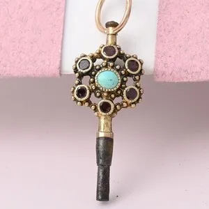 Authentic Antique Victorian Georgian Garnet Turquoise Gold Plated Key Fob Charm Pendant