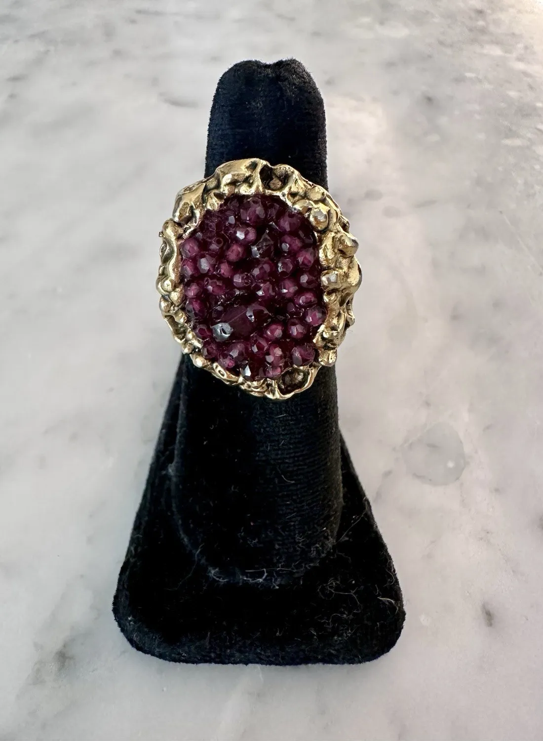 Authentic Garnet Cluster Gold Plated Large Cocktail Statement Ring By DOUBLE HAPPINESS