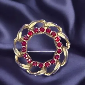 Authentic Vintage Garnet Rhinestone Gold Plated Circle Chain Brooch Pin