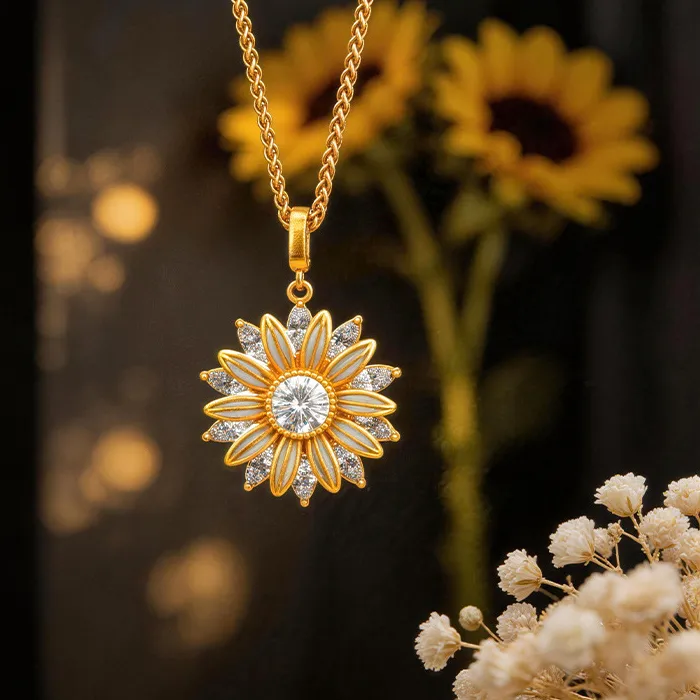 Authentic Sand Gold White Diamond Enamel Color Sunflower Necklace Pendant Small Burst Flash Sunflower Pendant Send Girlfriend 9999Gold