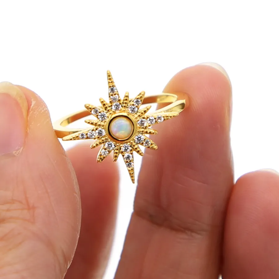 Authentic Design Sun Burst North Star Pave Clear Cz Opal Delicate Minimal Lady Jewelry Ring