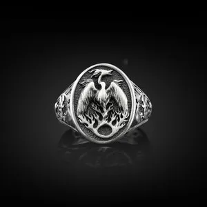 Authentic Phoenix Dainty Engraved Signet Ring for Men in Sterling Silver, Fire Bird