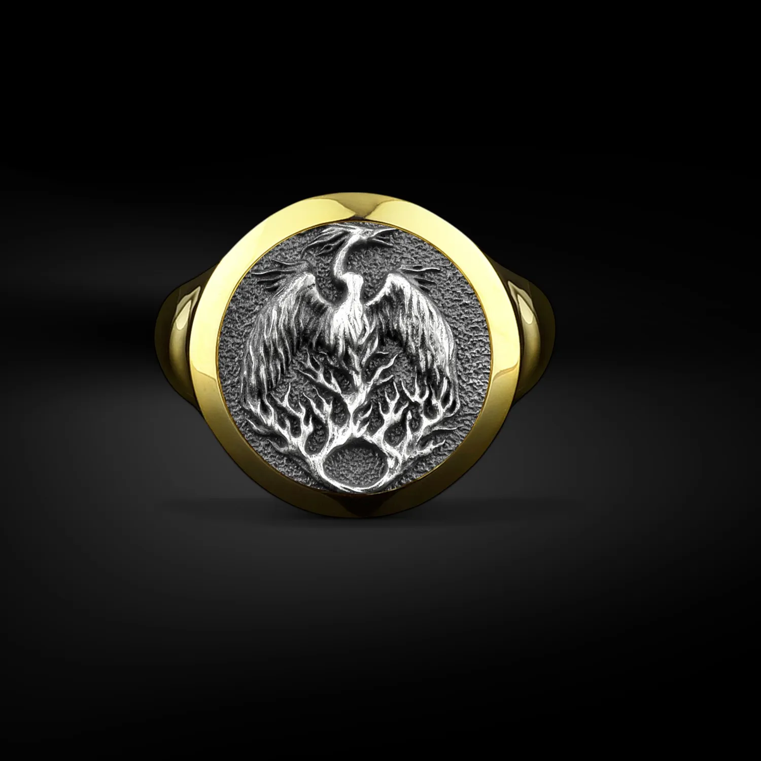 Authentic The Resilient Flame: Phoenix in Flames Polished Silver Signet Ring