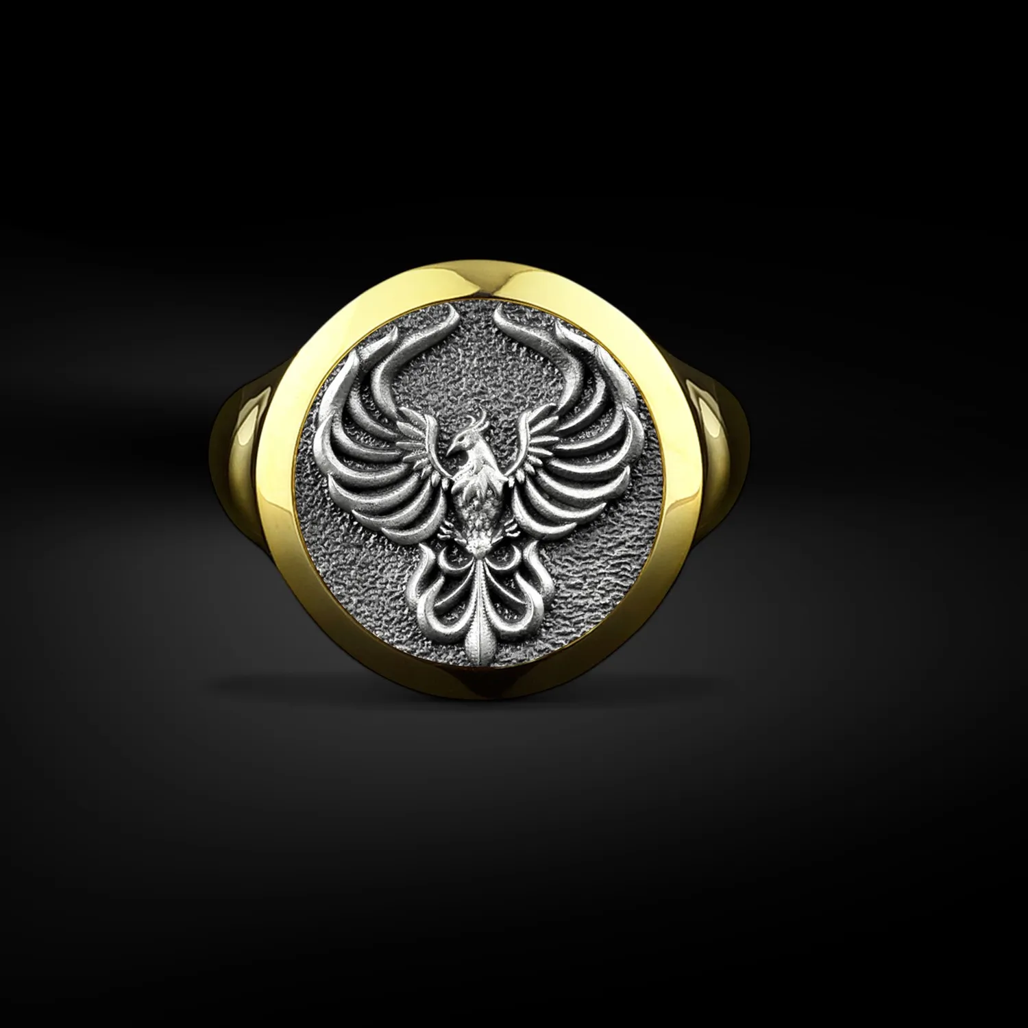 Authentic Phoenix The Immortal Bird Signet Round Men Ring in Poished Silver, Greek