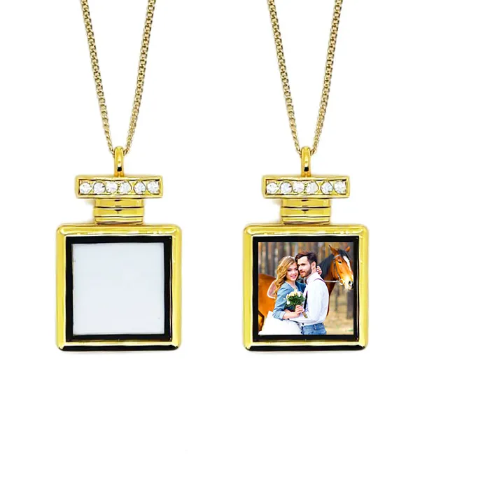 Authentic 10Pcs Double Sided Perfume Bottle Shape Necklaces Gold Color Sublimation Necklace Blanks For Heat Press