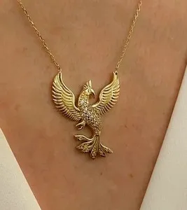 Authentic 14K Yellow Gold Plated 1.40Ct Real Moissanite Phoenix Bird Pendant Necklace