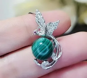 Authentic Natural Green Malachite Phoenix Necklace White Gold plated Sterling Silver Bird