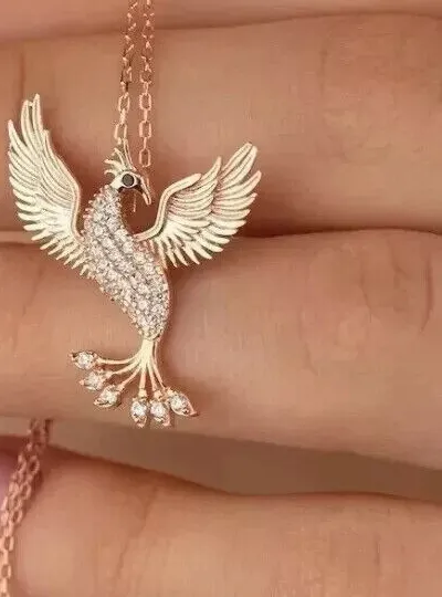 Authentic 1.50CT Round Cut Moissanite Diamond Phoenix Women's Pendant 14K Rose Gold Plated