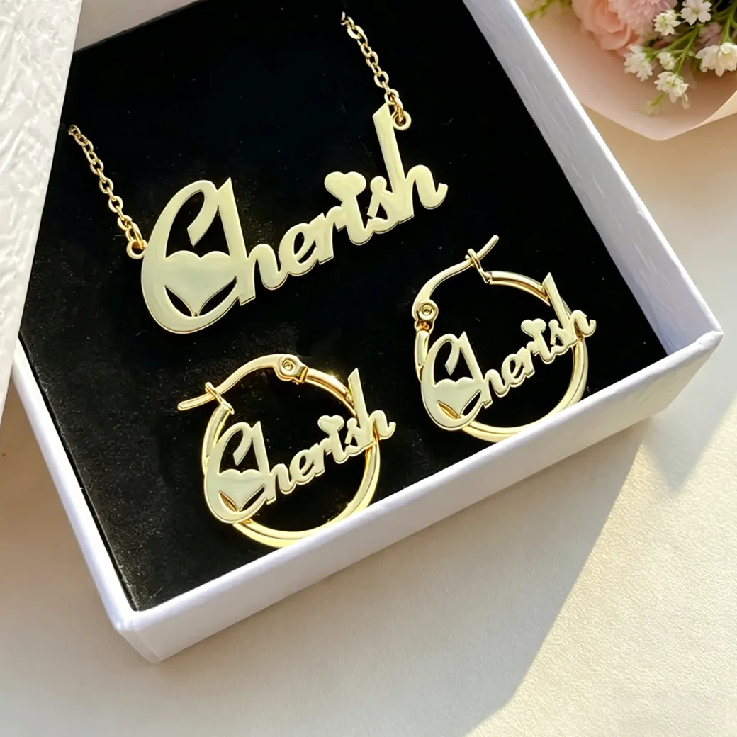 Authentic Personlized Custom Name Necklace Earring Jewelry Sets For Kid Baby Customized Name Child Birthday