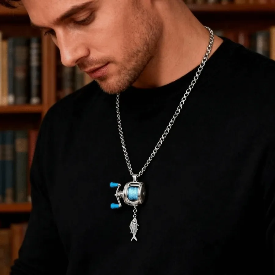 Authentic Rotatable Handle Mini Fishing Reel Necklace Delicate Texture Smooth Surface Fisherman Pendant Jewelry Solid Material