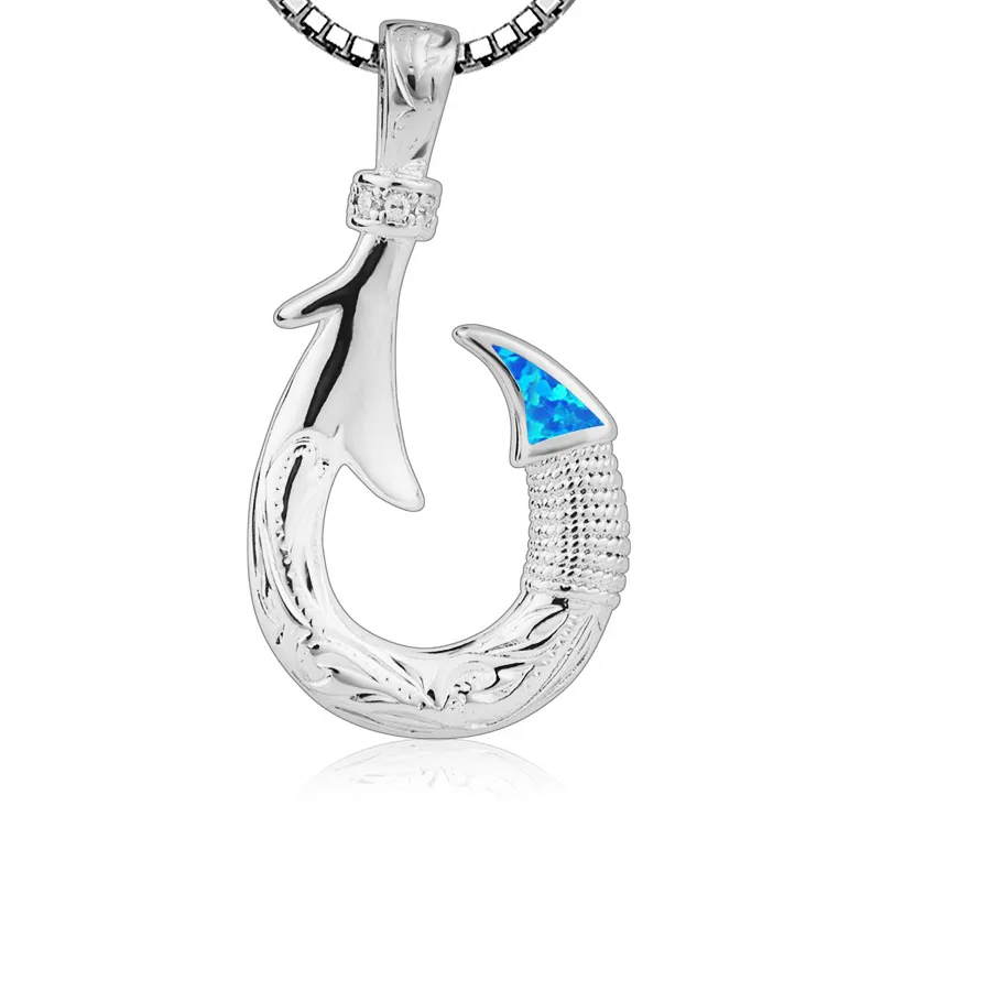 Authentic Fish Hook Pendant Necklace With Blue Opal, Silver Fishing Jewelry, Nautical Outdoor Style, Unique For Fisherman
