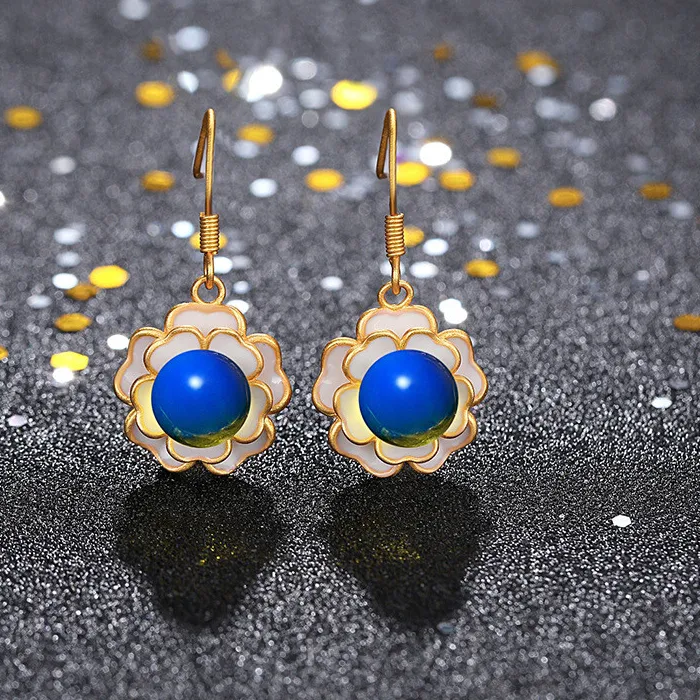Authentic Chinese Style Women Gold Plated Tai LAN Po Amber Discoloration Camellia Earrings