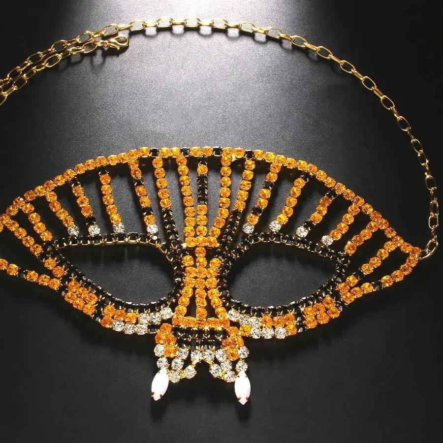 Authentic Sexy Cheetah Yellow Rhinestone Mask Veil Masquerade Accessories Halloween Costume Rave Crystal Face Jewelry Chain