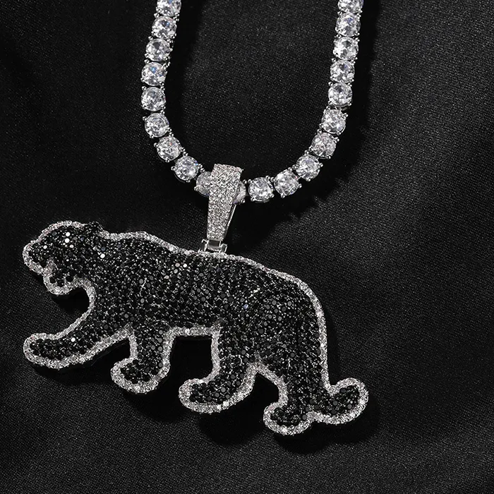 Authentic Hip Hop Black Cz Stone Paved Bling Iced Out Cheetah Leopard Pendants Necklaces Rapper Jewelry