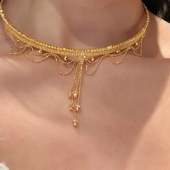 Authentic Bellux 925 Silver Synthetic Zircon Collar With Tassel Design Elegant Necklace