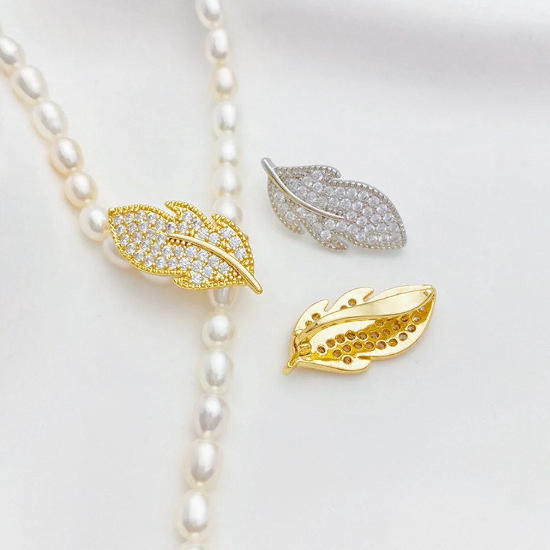 Authentic 18K Real Gold Zircon Leaf Feather Pearl Buckle Handmade Diy Bracelet Necklace End Buckle Jewelry Findings