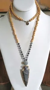 Authentic Karl Lagerfeld Labradorite Wood Beaded Stone Gold Plated Arrowhead Necklace