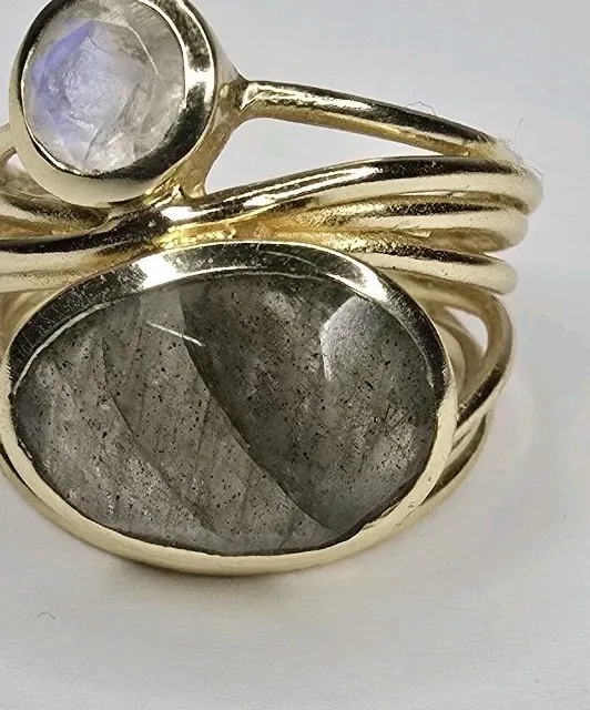 Authentic Celestial Bruna Ring – 18K Gold‑Plated Labradorite & Moonstone (Size 9)