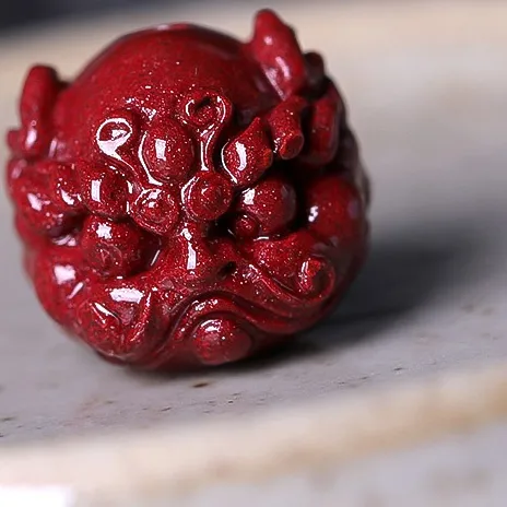 Authentic Vermilion Guardian Hand- Carved Cinnabar Pixiu Bead Of Prosperity And Protection