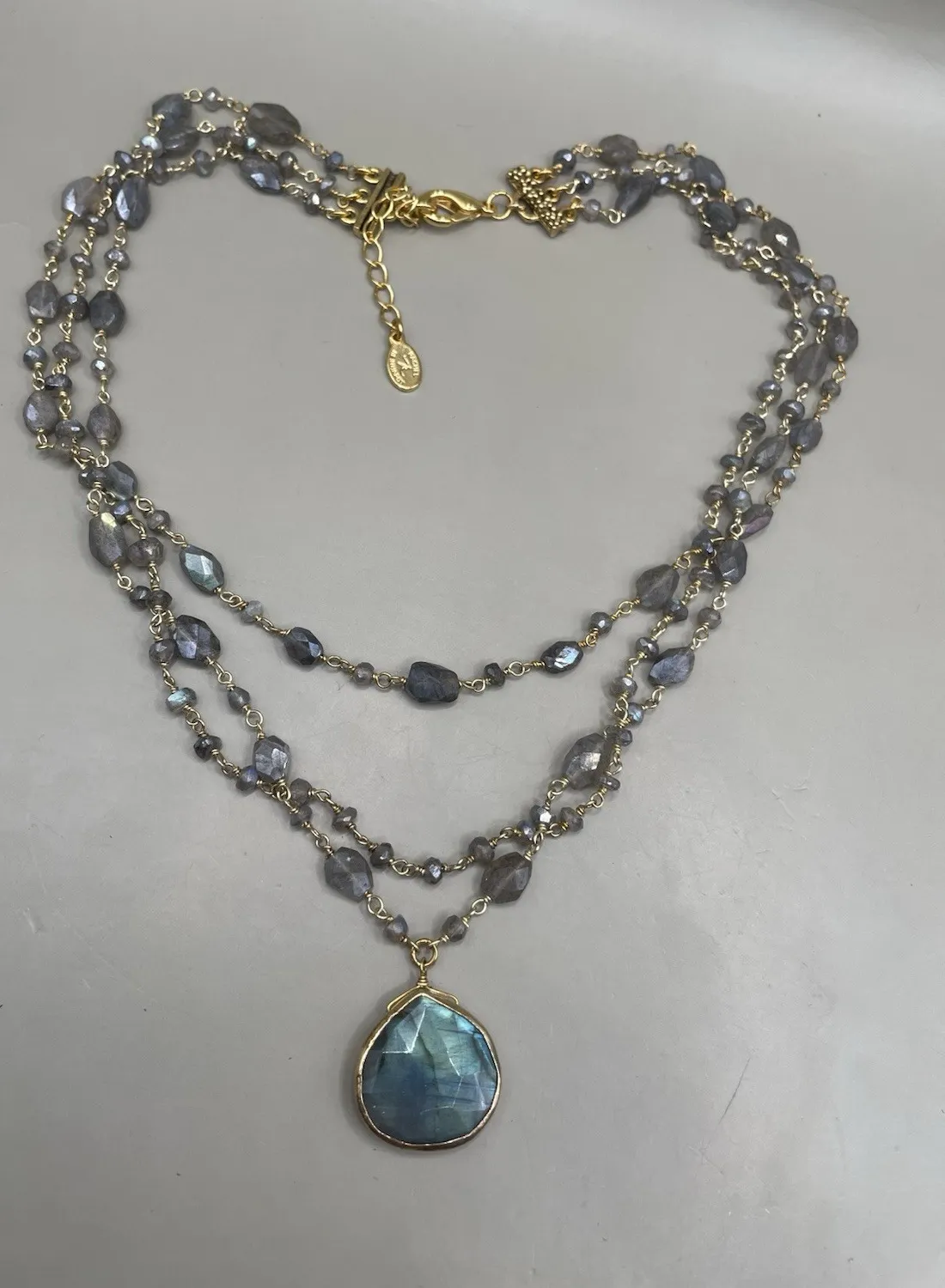 Authentic The Aurora Veil: Rachel Reinhardt 14K Gold-Plated Labradorite Triple-Strand Talisman