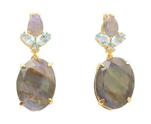 Authentic 925 Sterling Silver Vintage Earrings Gold Plated Labradorite & Topaz  EG13380