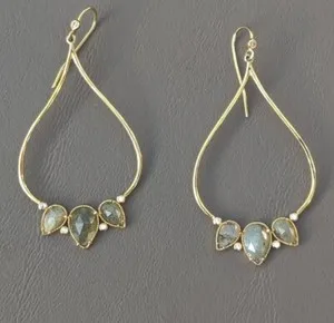 Authentic TAI DESIGN Genuine Labradorite Clear Crystals Gold Plated Teardrop Earrings