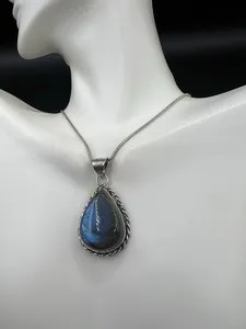 Authentic Serpentine Bliss: 18K Gold Plated Chain Adorned with Sterling Silver Labradorite Pendant, 17"