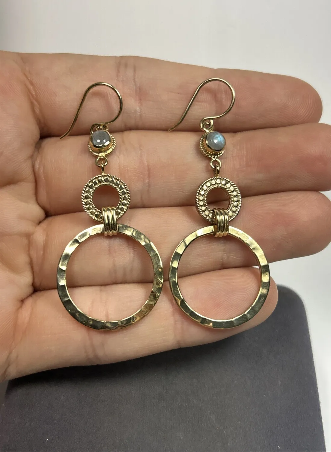 Authentic Anna Beck Gold Plated Sterling Silver Labradorite Dotted Circle Drop Earrings