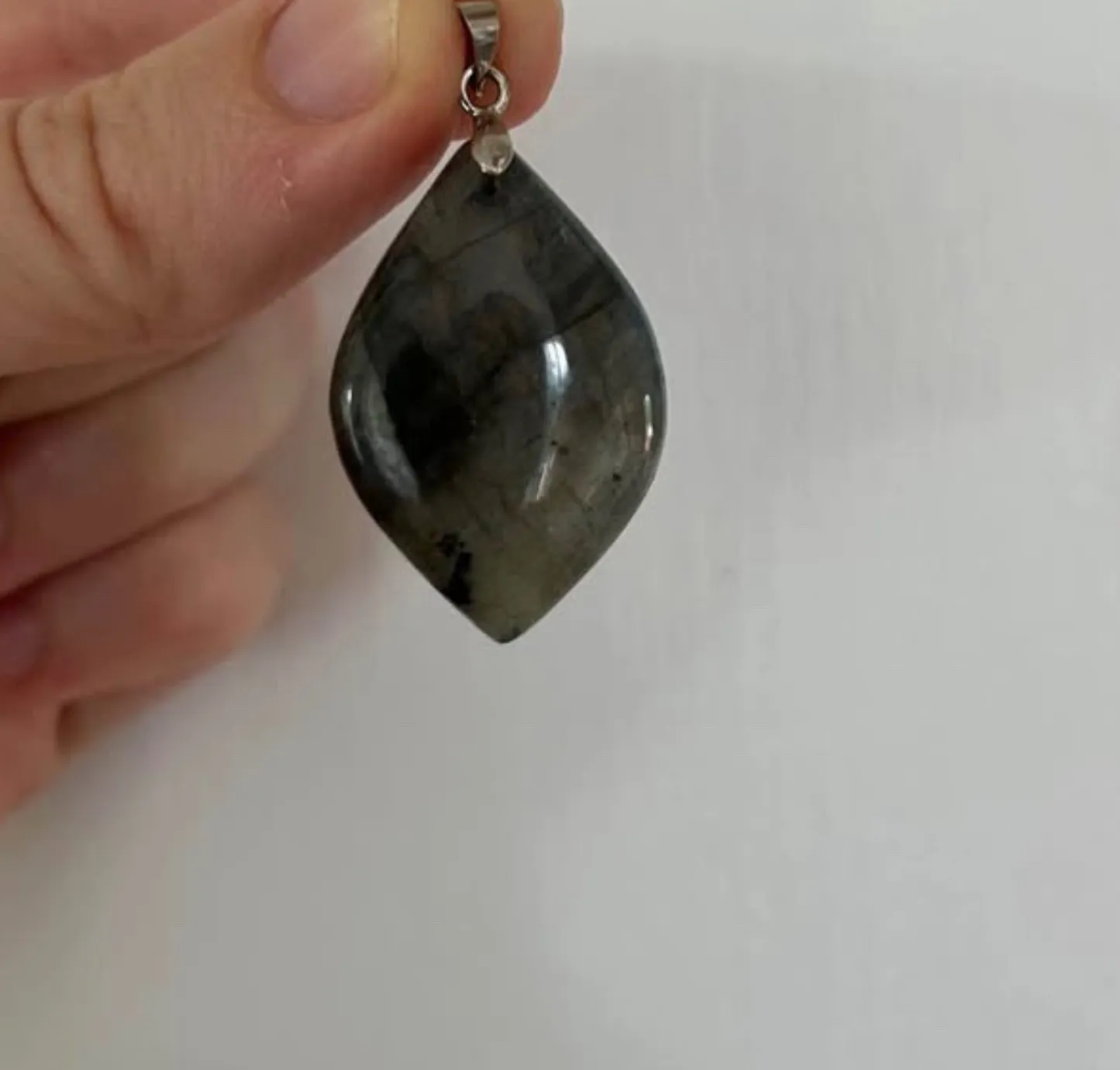 Authentic Labradorite pendant 18 k white gold plated hook large diamond shaped stone