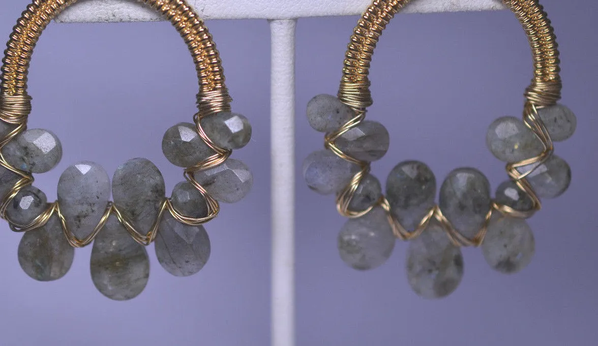 Authentic Celestial Labyrinth Hoop: Genuine Labradorite & Golden Aura Shield Earrings