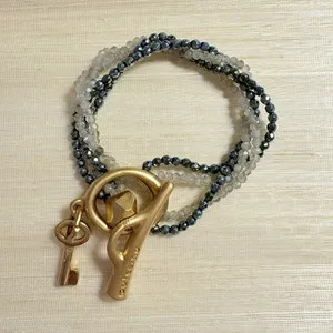 Authentic Pulccino Labradorite Hematite Multi Strand Bracelet Gold Plated Toggle