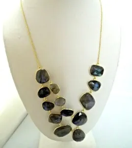 Authentic r410 Gorgeous Gold Plated Sterling Silver Natural Labradorite Necklace Made 20"