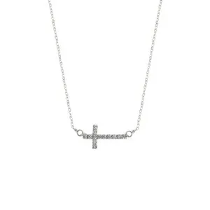 Authentic Rhinestone Sideway Cross Necklace in Rhodium or Gold Plated (0.75x0.5in)(14+3in)