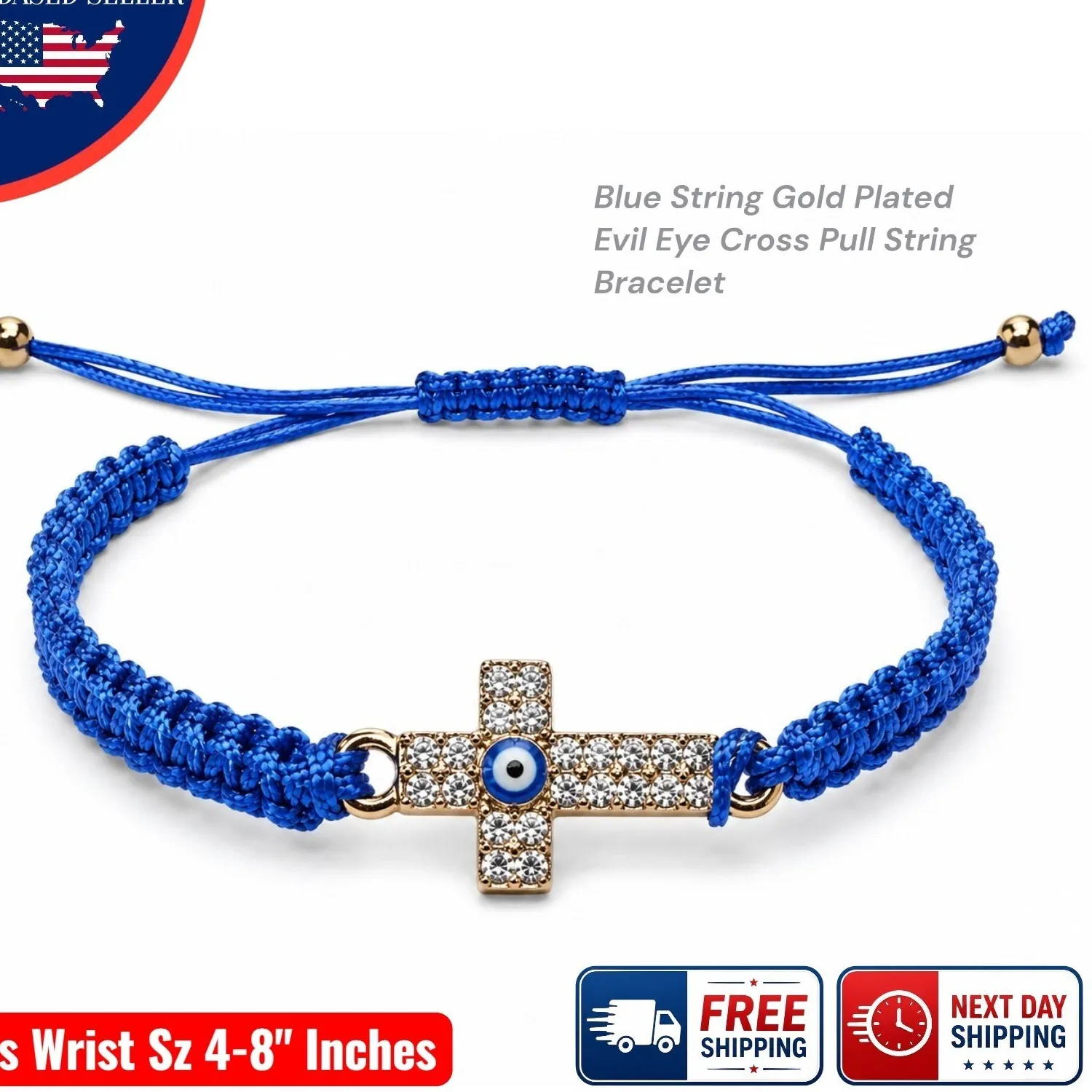 Authentic Blue String Evil Eye Cross Bracelet Gold Plated Adjustable Protection Mal De Ojo
