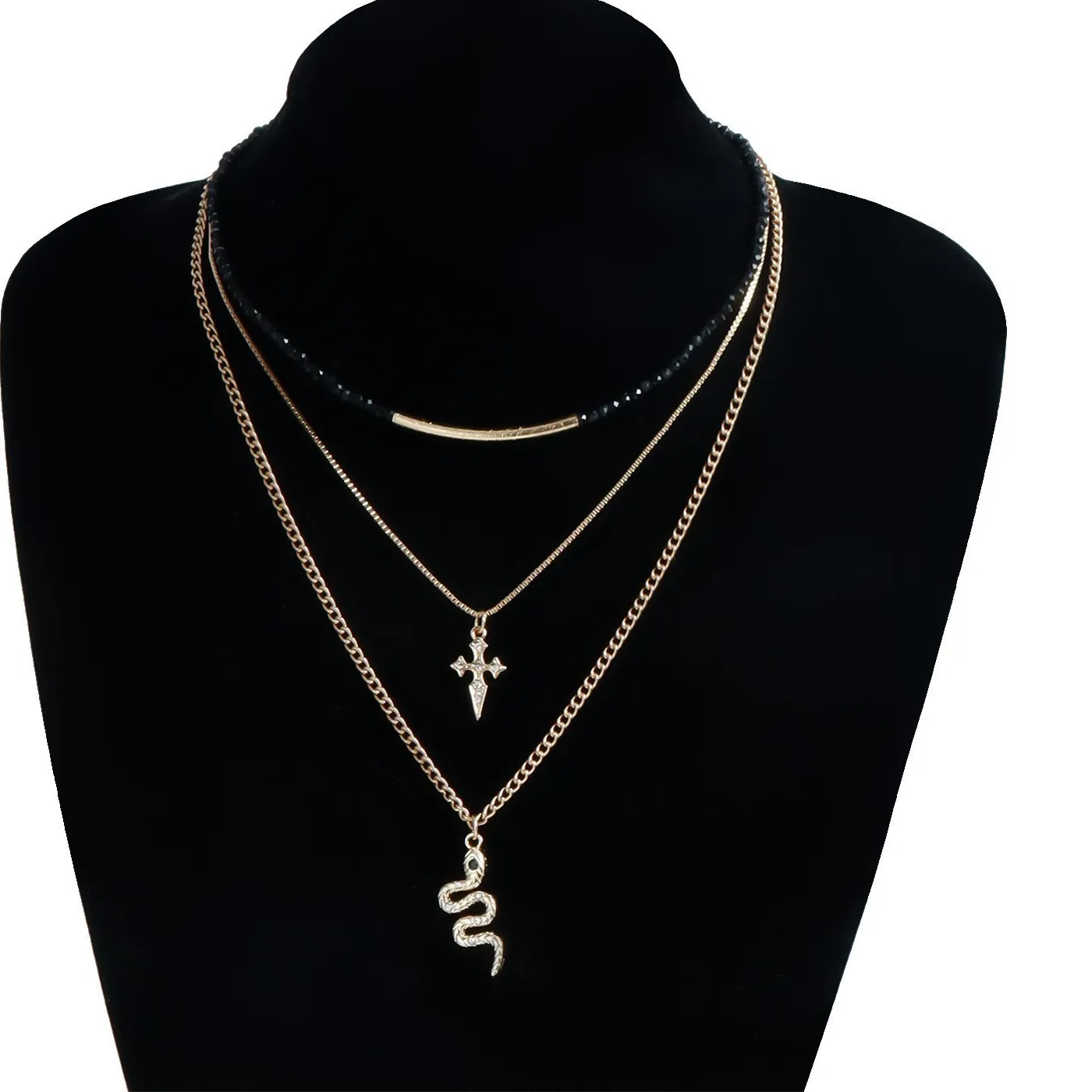 Authentic Gold Plated Layered Chain Black Faceted Crystal Cross Snake Charm Stack Necklace