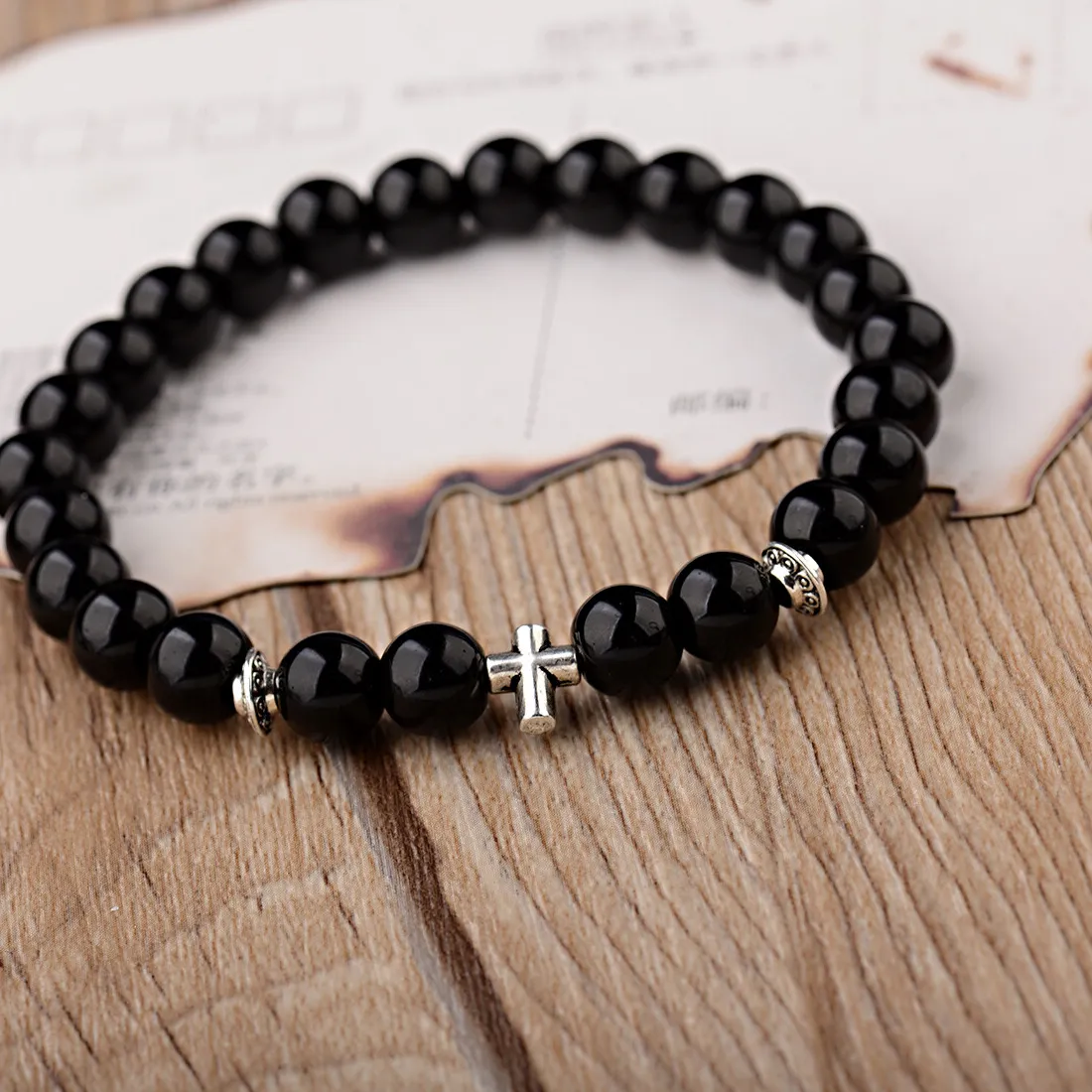 Authentic Hot Men Natural Wood Beads Cross Bracelets Onyx Meditation Prayer Bead Bracelet