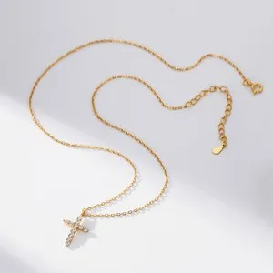 Authentic Shining Full CZ Inlaid Cross Pendant Gold Plated Anchor Chain Y-Drop Necklace