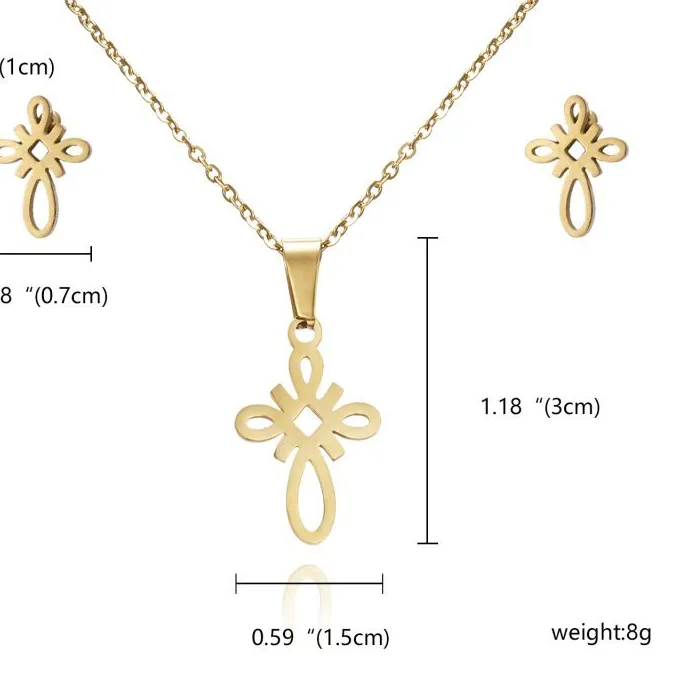 Authentic Fashion Gold Plated Stainless Steel Pendant Necklace Earrings Lady Wedding Set