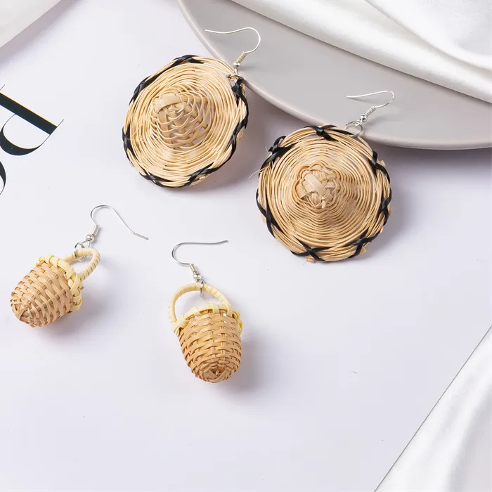 Authentic Creativity Ethnic Style Wicker Straw Hat Basket Earrings Holiday Rattan Knit Earring Jewelry