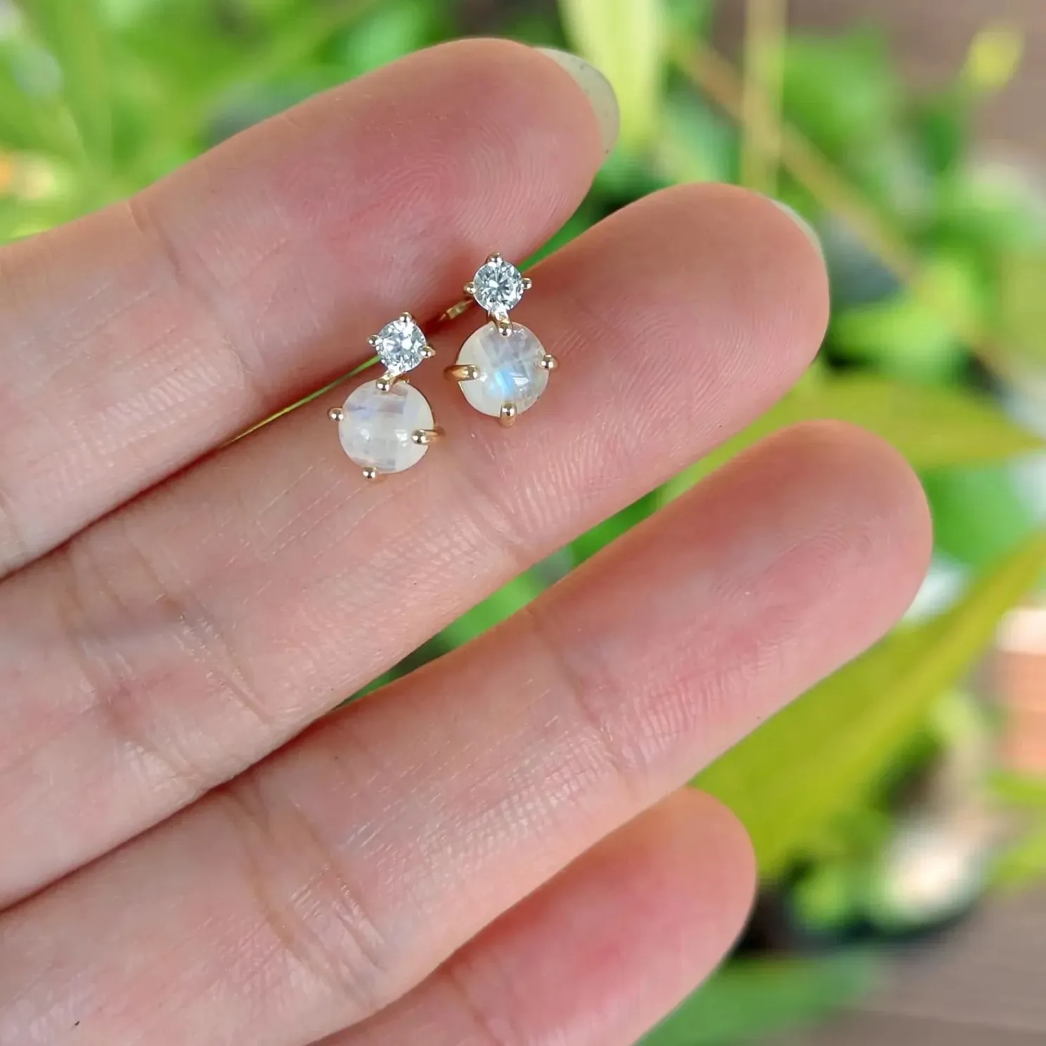 Authentic Natural Moonstone Stud Earring Moissanite Gold Plated 925 Silver Earring For Her