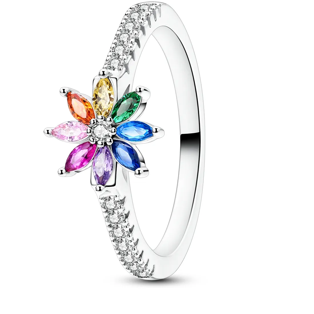Authentic 925 Sterling Silver Rainbow Flower Ring Multicolor Cz Inlaid Dainty Fine Jewelry