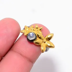Authentic Rainbow Moonstone - India Black And Gold Plated 925 Sterling Silver Ring S.7 R42