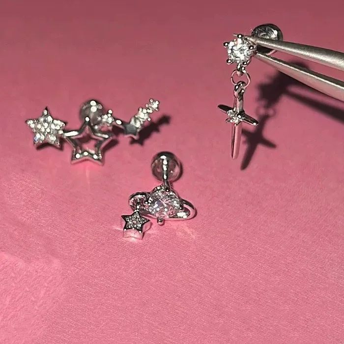 Authentic Celestial Cross Of The Wandering Star- Gold- Plated Cochlear Studs With Zircon Sparkle