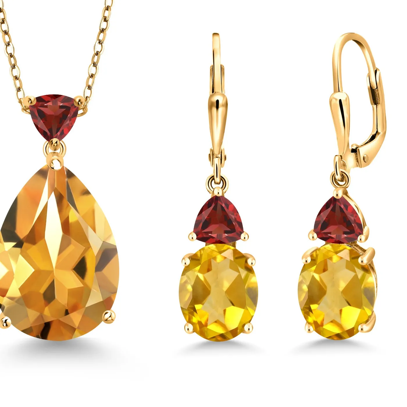 Authentic 18K Yellow Gold Plated Silver Citrine and Garnet Pendant Earrings Jewelry Set